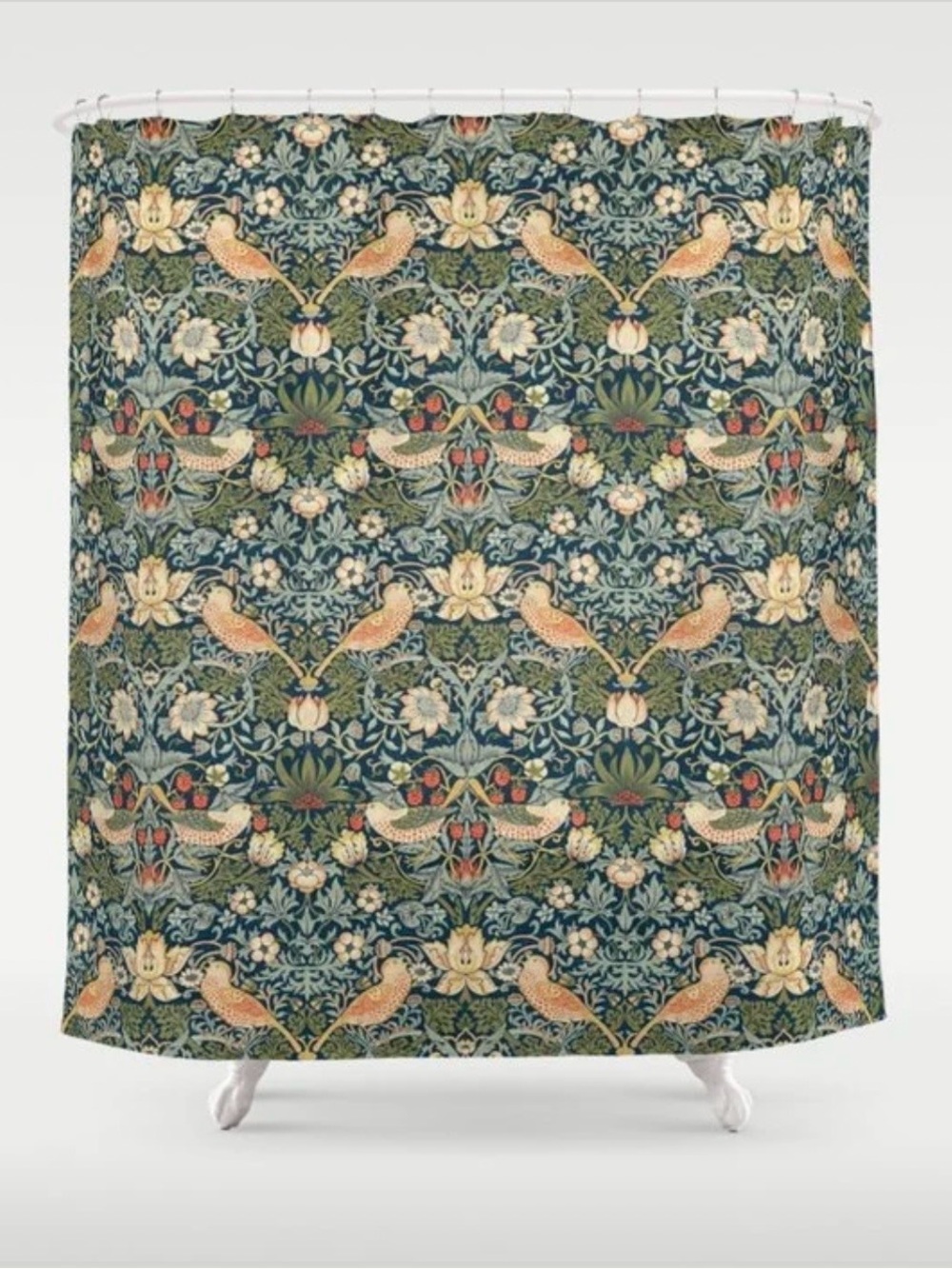William Morris Vintage Strawberry Thief Green Indigo Thyme Shower Curtain